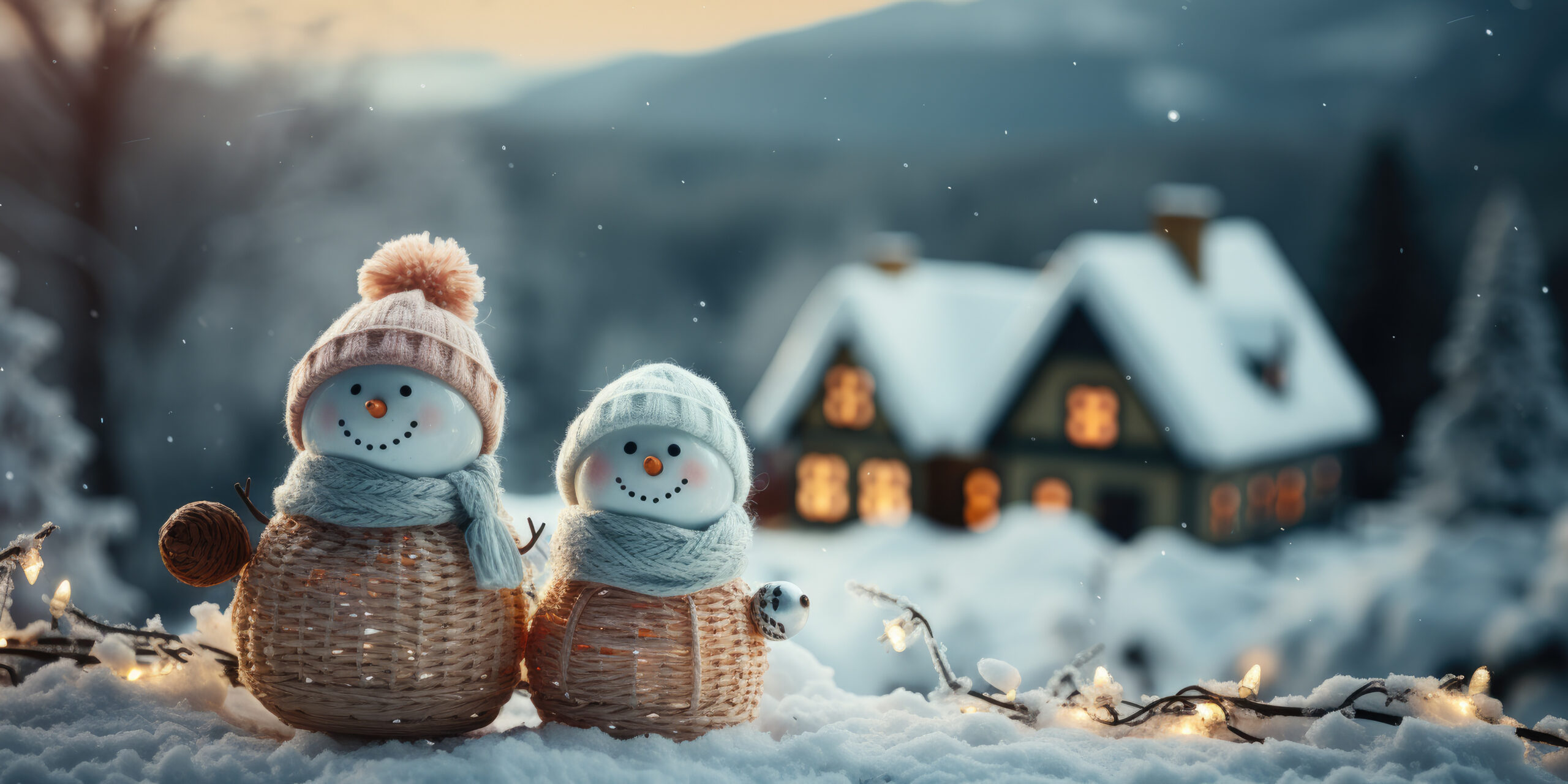 A cute smiling snowman in the biggest of the snow with a background. bokeh a Christmas tree and house the mountain. It's a blurred background. 