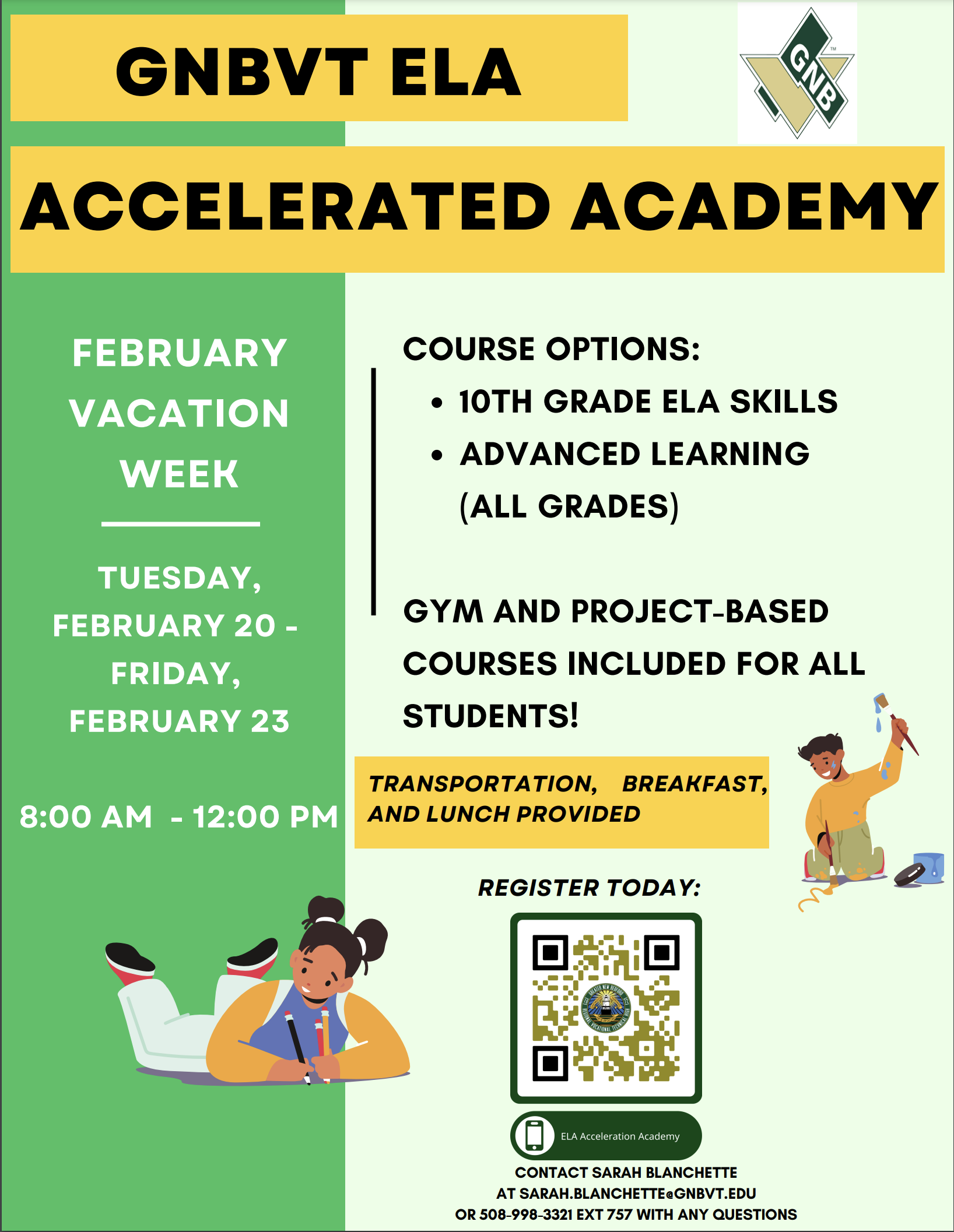 Green and Gold themed image detailing dates and information pertaining to ELA Accelerated Academy