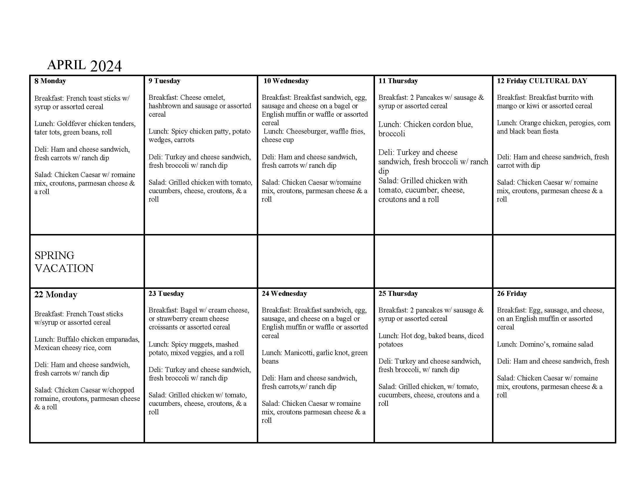 Student Lunch Menu | Greater New Bedford Regional Vocational Technical ...